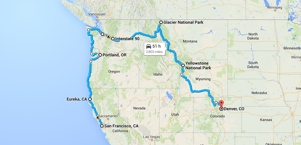 500px road trip route, from SF to Denver