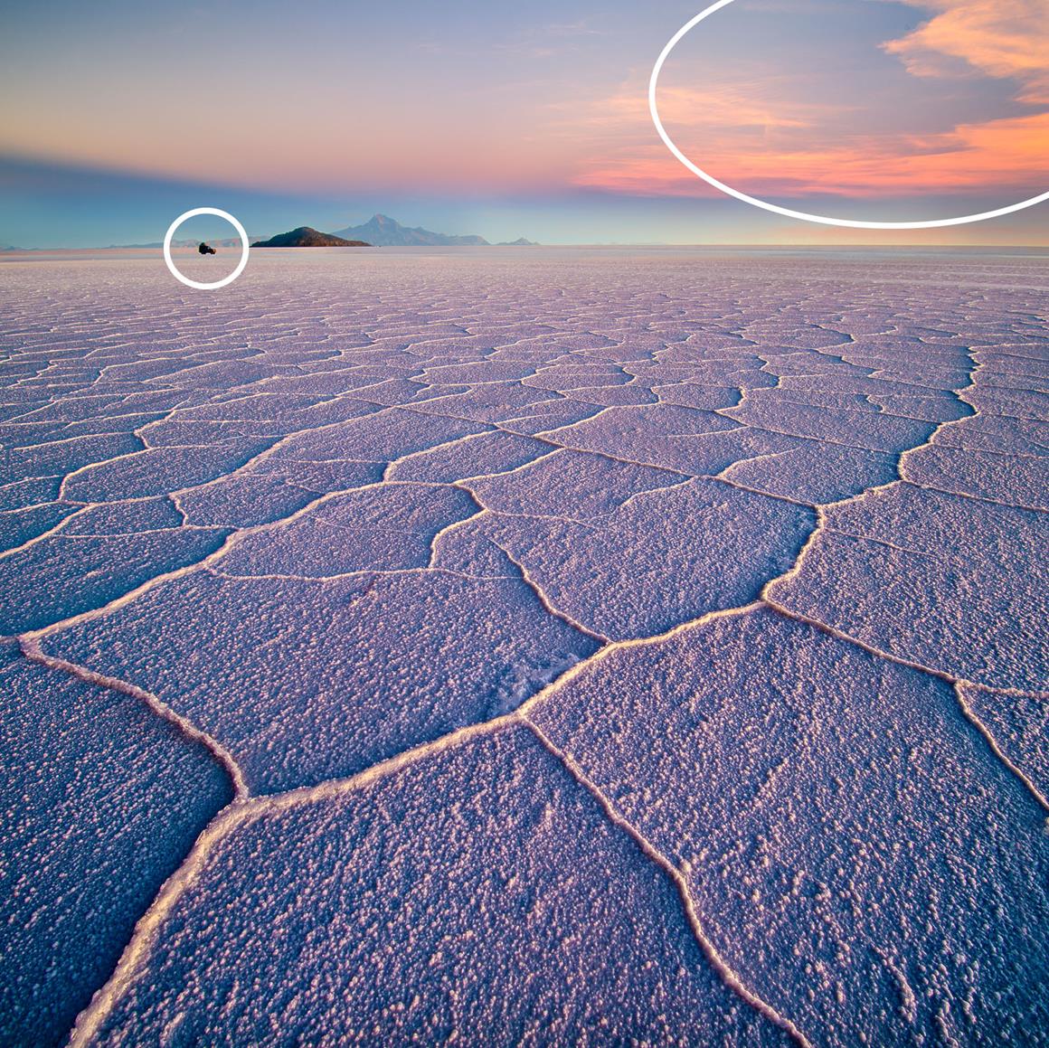 Salar de Uyuni hexagons at sunset