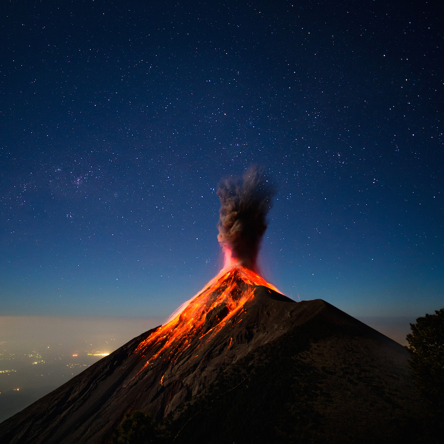 volcano explosion at night