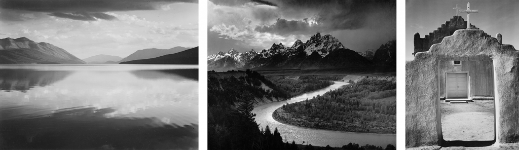 Photos by Ansel Adams. Left to right: Evening. McDonald Lake, Glacier National Park. 1942. | The Tetons and the Snake River. 1942. | Church. Taos Pueblo. 1942.