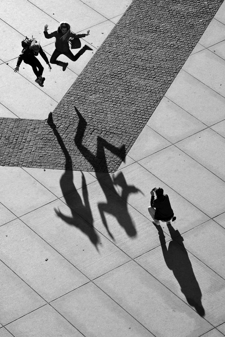 Aerial view of photo-shooting. Group of People making a fun photo.