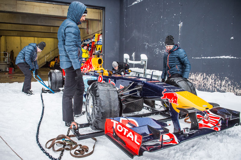 The Crew prepares the F1 Race Car for the Showrun at the Hahnenkamm in Kitzbuehel, Austria on Jannuary 12, 2016.