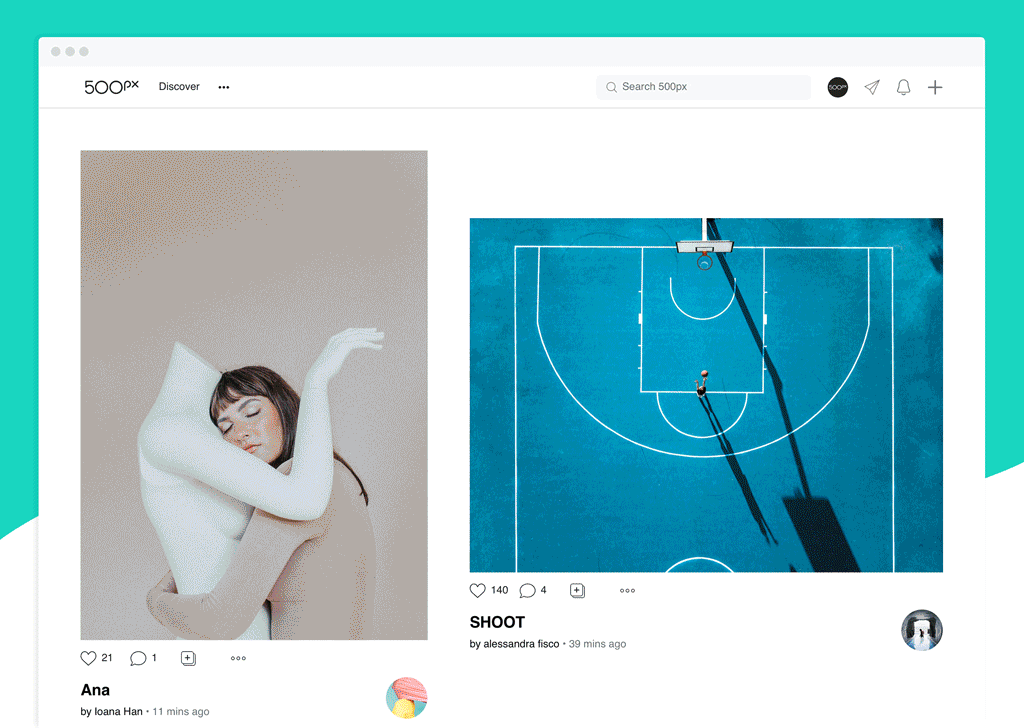 A scrolling view of the new 500px Home Feed design