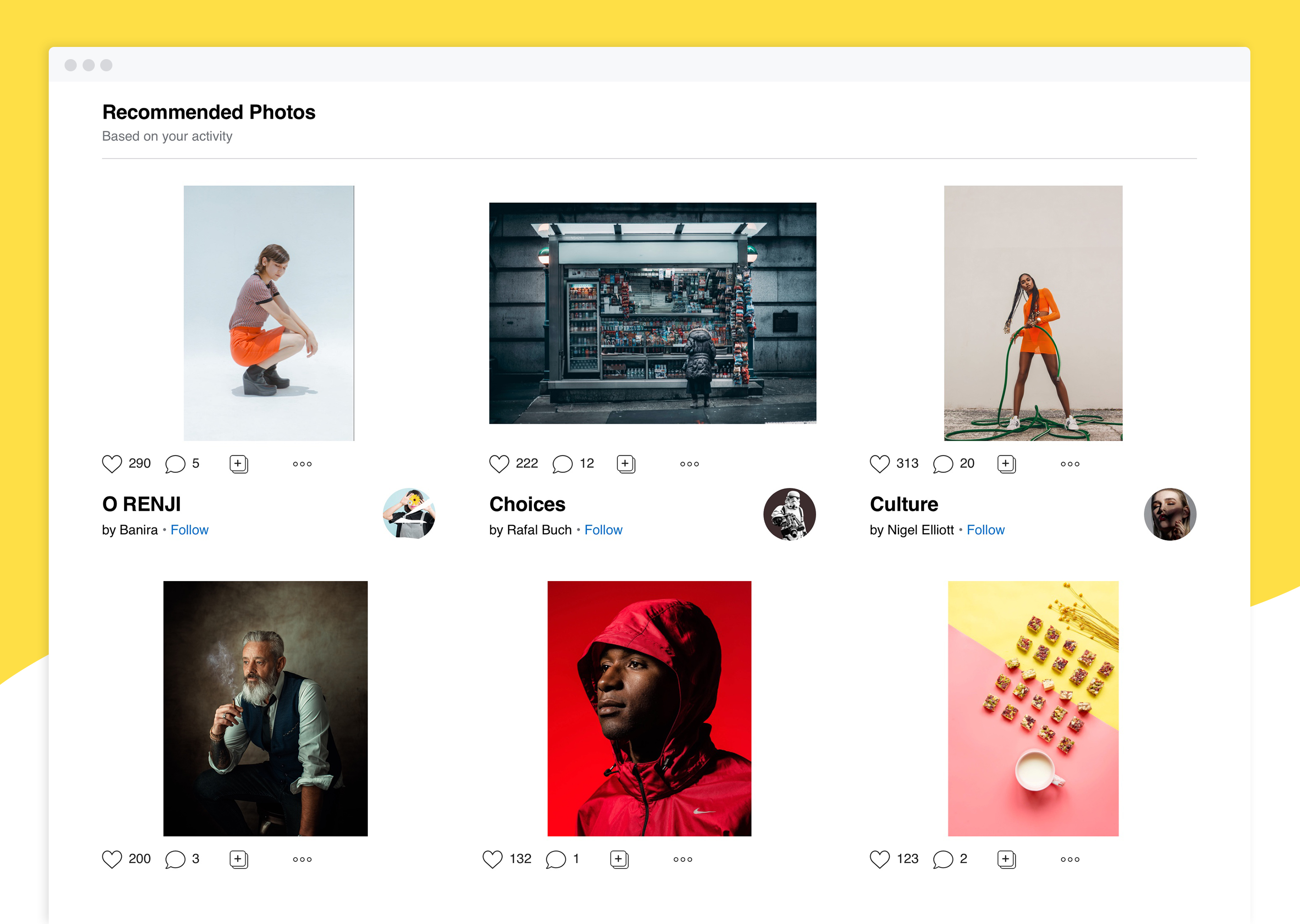 A view of recommended content in the new 500px Home Feed