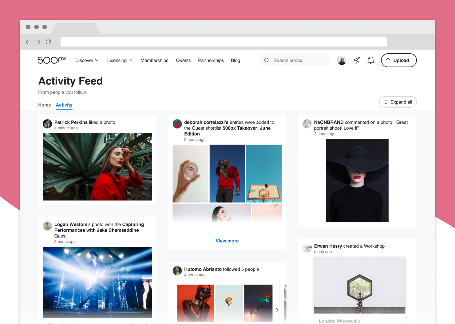 A view of recommended content in the new 500px Home Feed