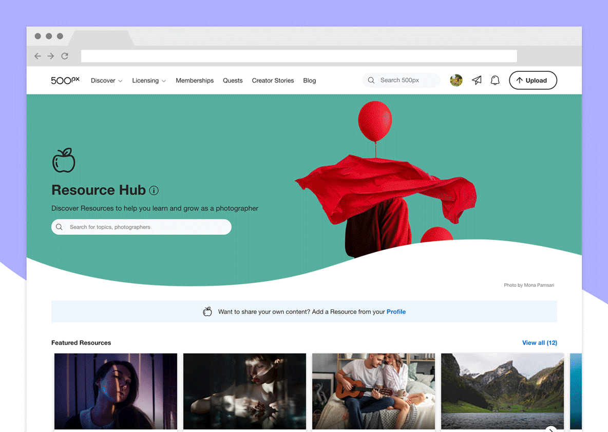 A scrolling view of the new 500px Home Feed design