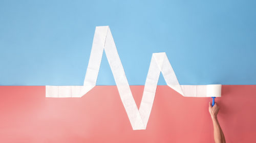 Blue and pink flatly with toilet paper showing a heart beat graph
