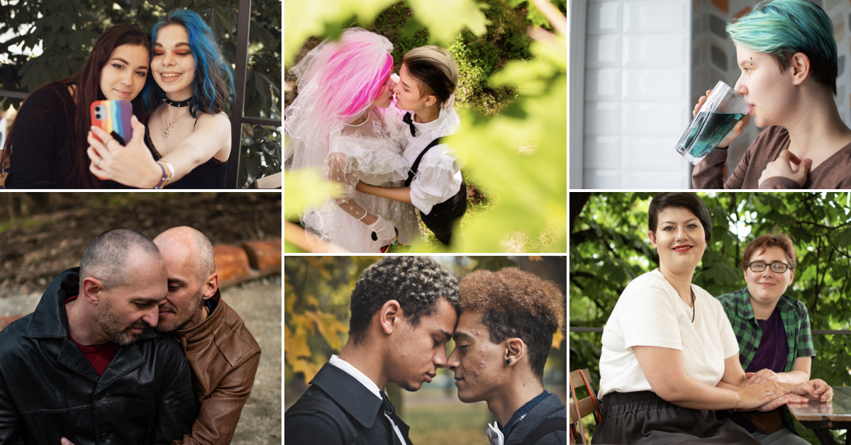 Collage of images showing the LGBTQ community, couples, and individuals