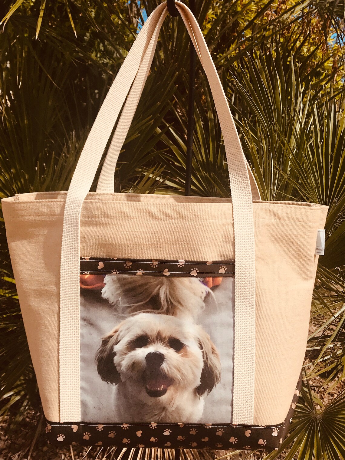 Canvas tote with a photo of a dog printed on it