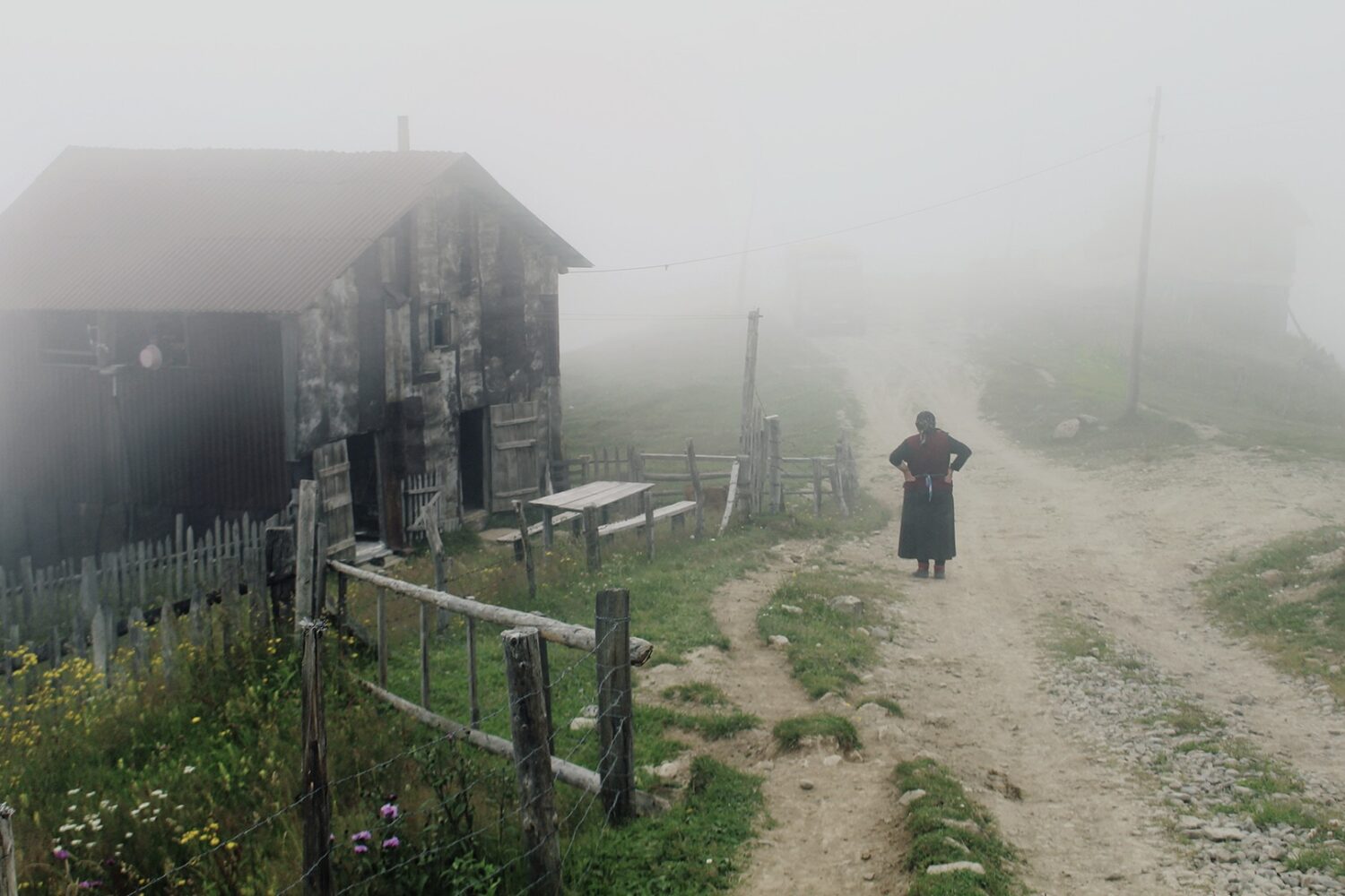 Rear view of man walking on footpath during foggy weather By Nika Pailodze 2