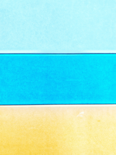 A minimalist abstract composition of pastel blue, turquoise, and yellow bands arranged in horizontal layers, illustrating adjacent colors.