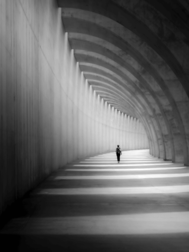 A lone figure walks through a shadow-filled architectural corridor, demonstrating single-color photography through light and form in grayscale.