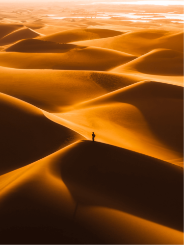 A lone figure standing on golden sand dunes at sunset, showcasing dramatic lighting with bold contrasts between light and shadow.