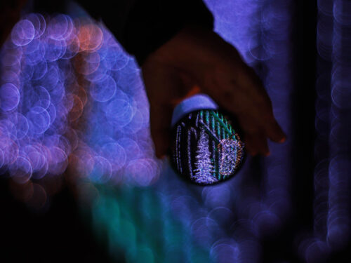 A hand holding a crystal ball reflecting illuminated trees, with blurred purple and green bokeh techniques creating a dreamy atmosphere.