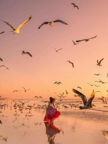 A woman standing in shallow water at sunset surrounded by flying birds, using movement, reflection, and golden light as part of an expressive photo project.