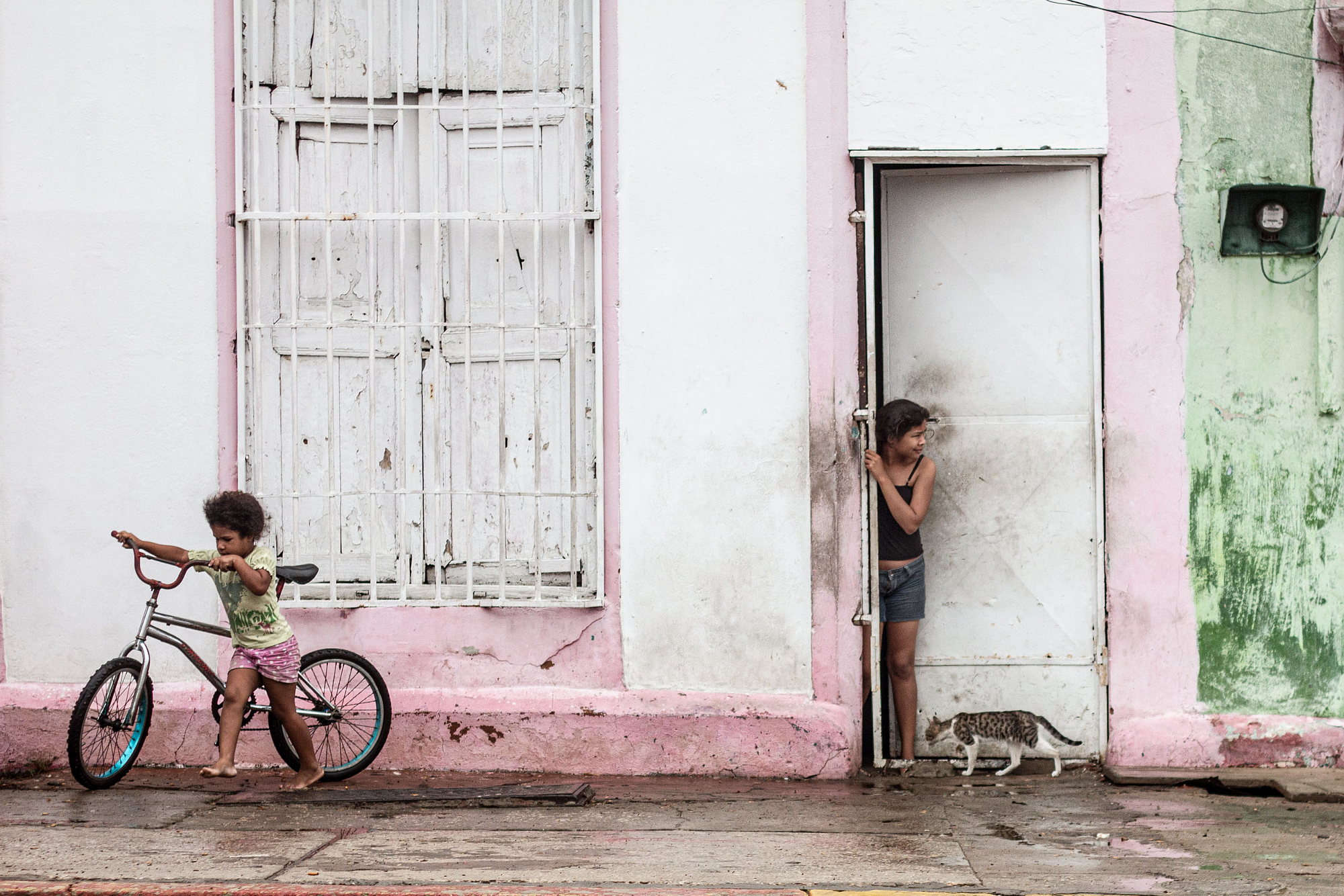 Children and a cat outside a pink and white house.