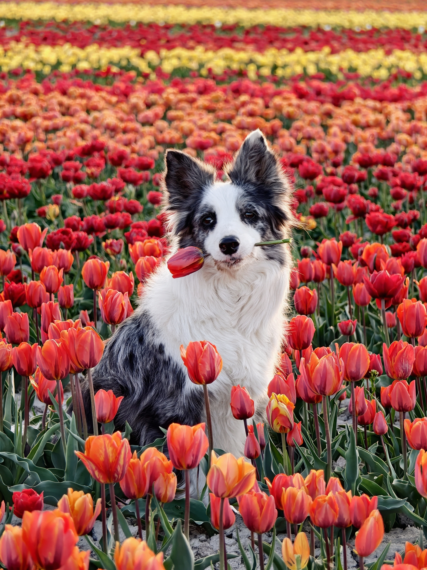 A beautiful blue merle border collie sitting perfectly composed among rows of blooming red flowers, gently holding a single pink tulip stem in its mouth.