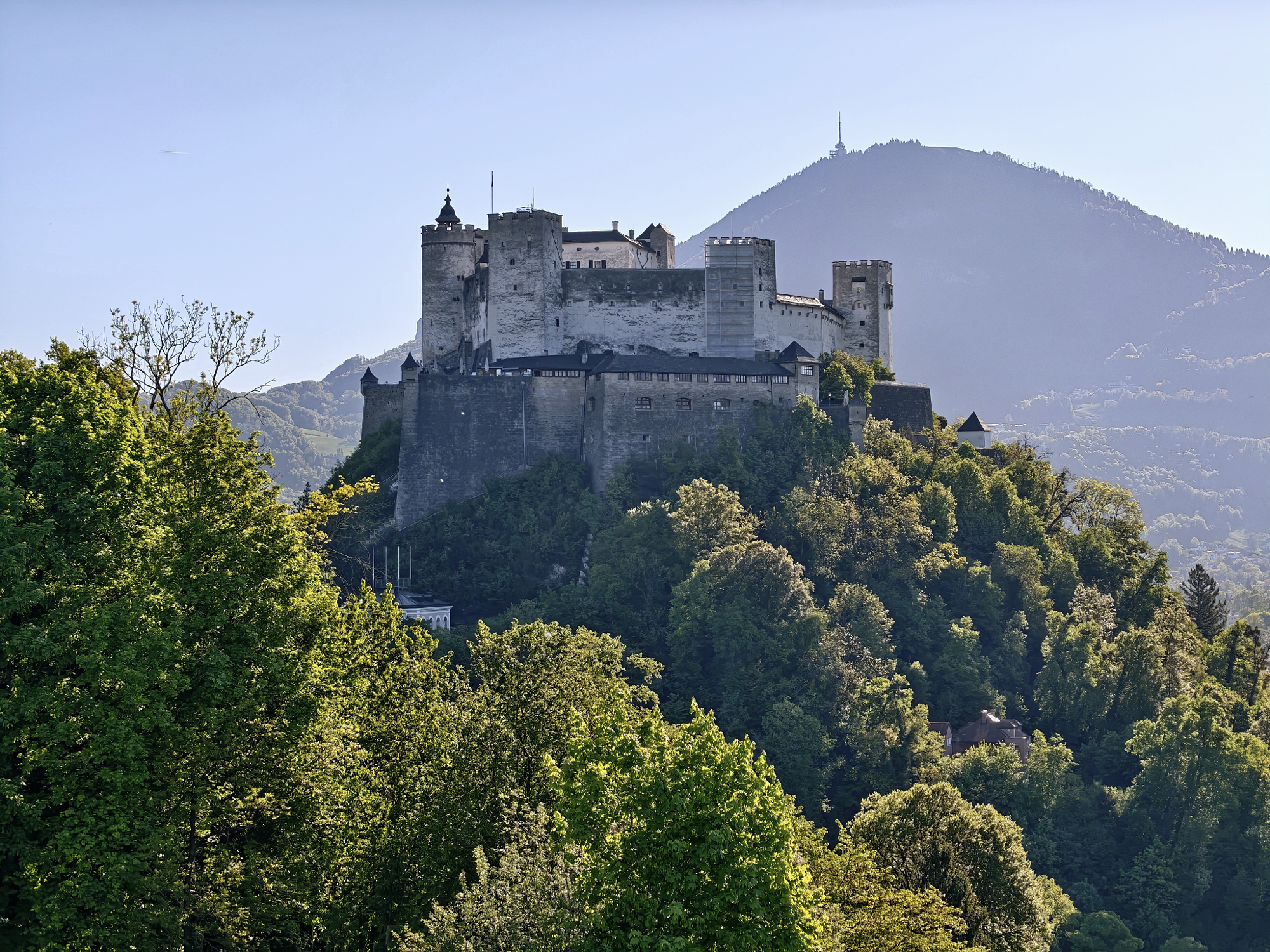 A commanding view looking up at the medieval stone battlements of the Hohensalzburg Fortress positioned proudly atop a lush, green tree-covered hill under a clear sky.