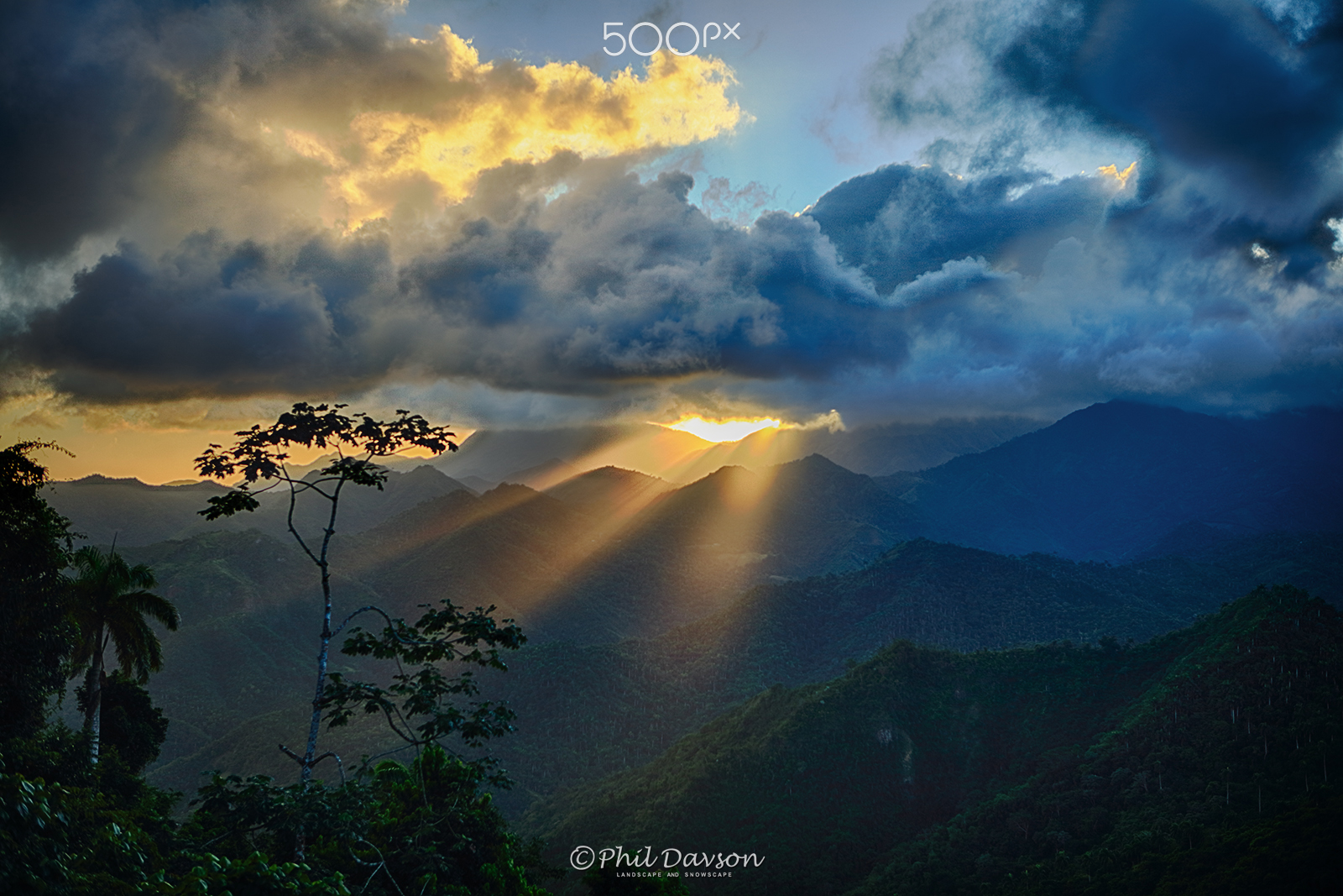 Dramatic sunset landscape over the Sierra Maestra mountain range in eastern Cuba.