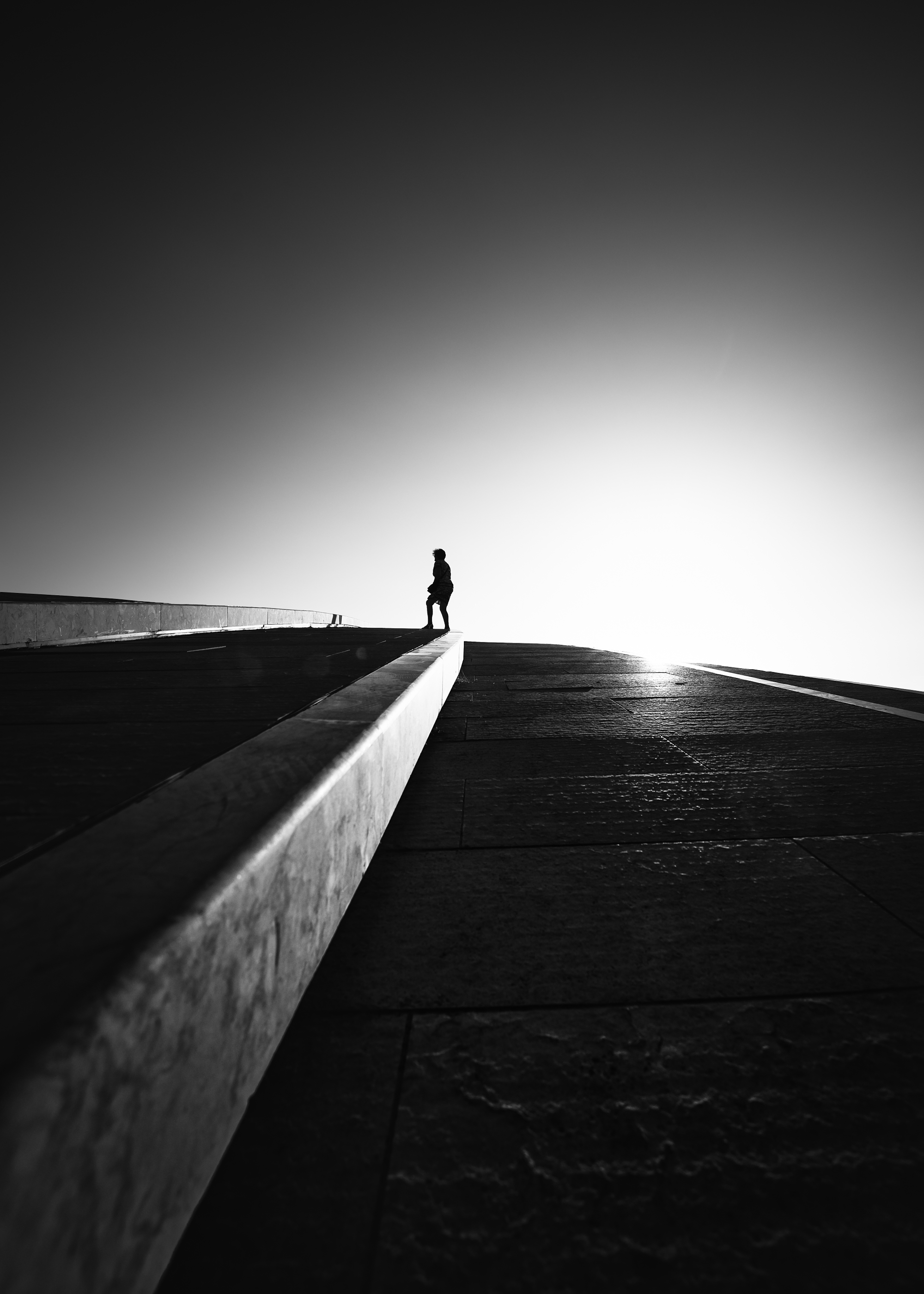 Black and white landscape photography showing a silhouette on a ridge.