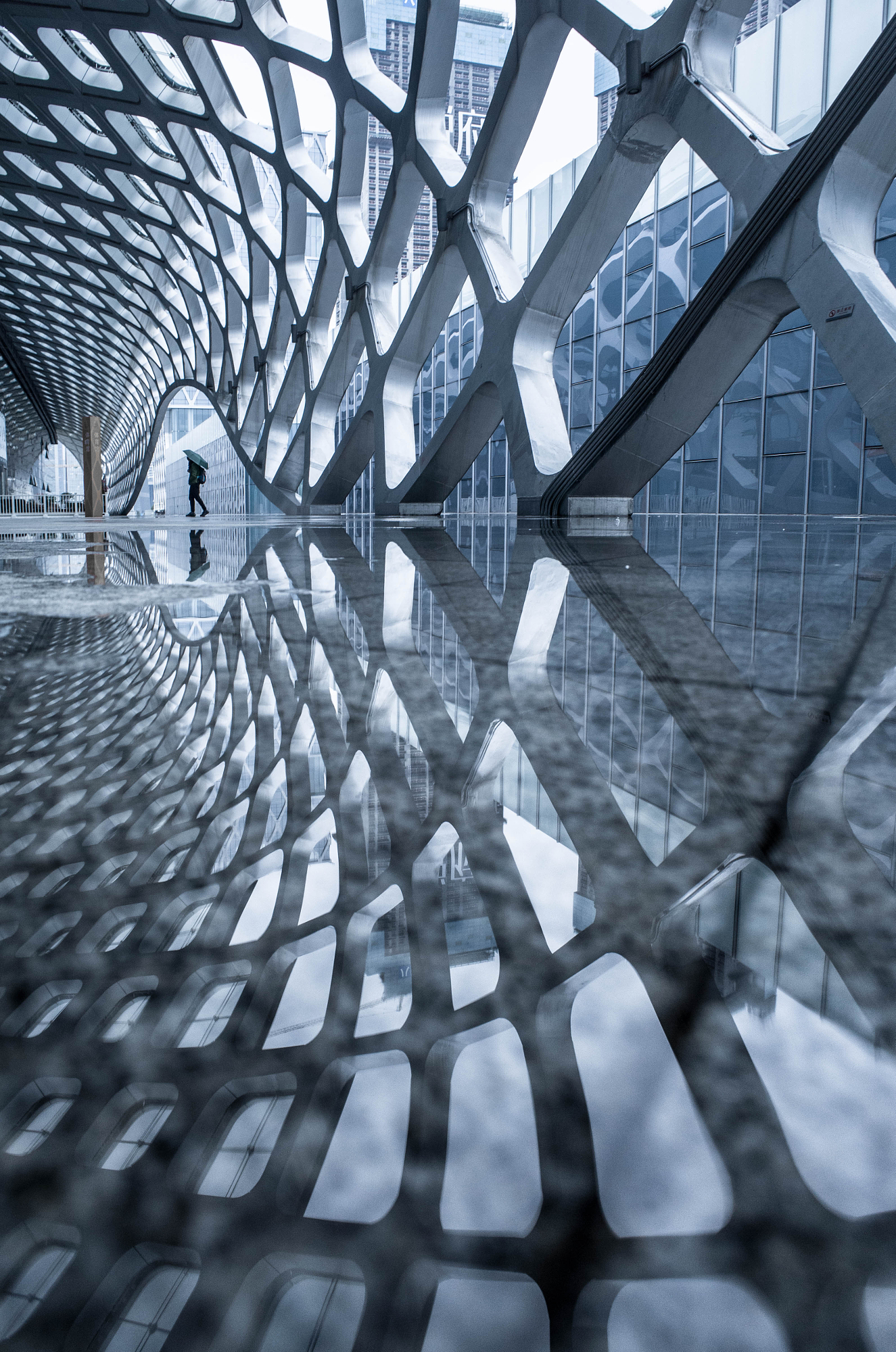A futuristic architectural building mirrored in a wet surface, applying low-angle urban reflection photography techniques.