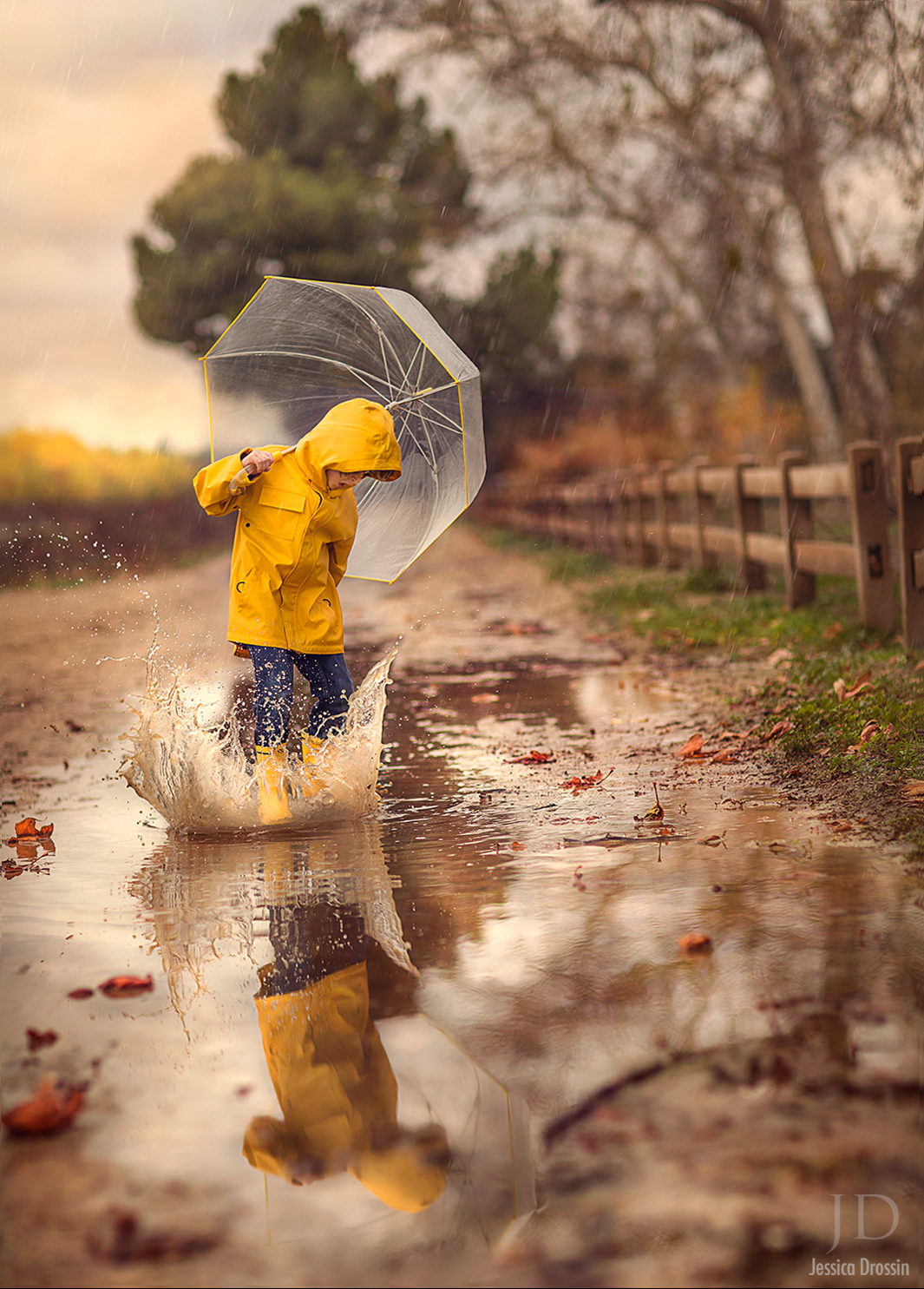 Child in a yellow raincoat splashing in a puddle, showing creative photography ideas for capturing motion and water reflections.