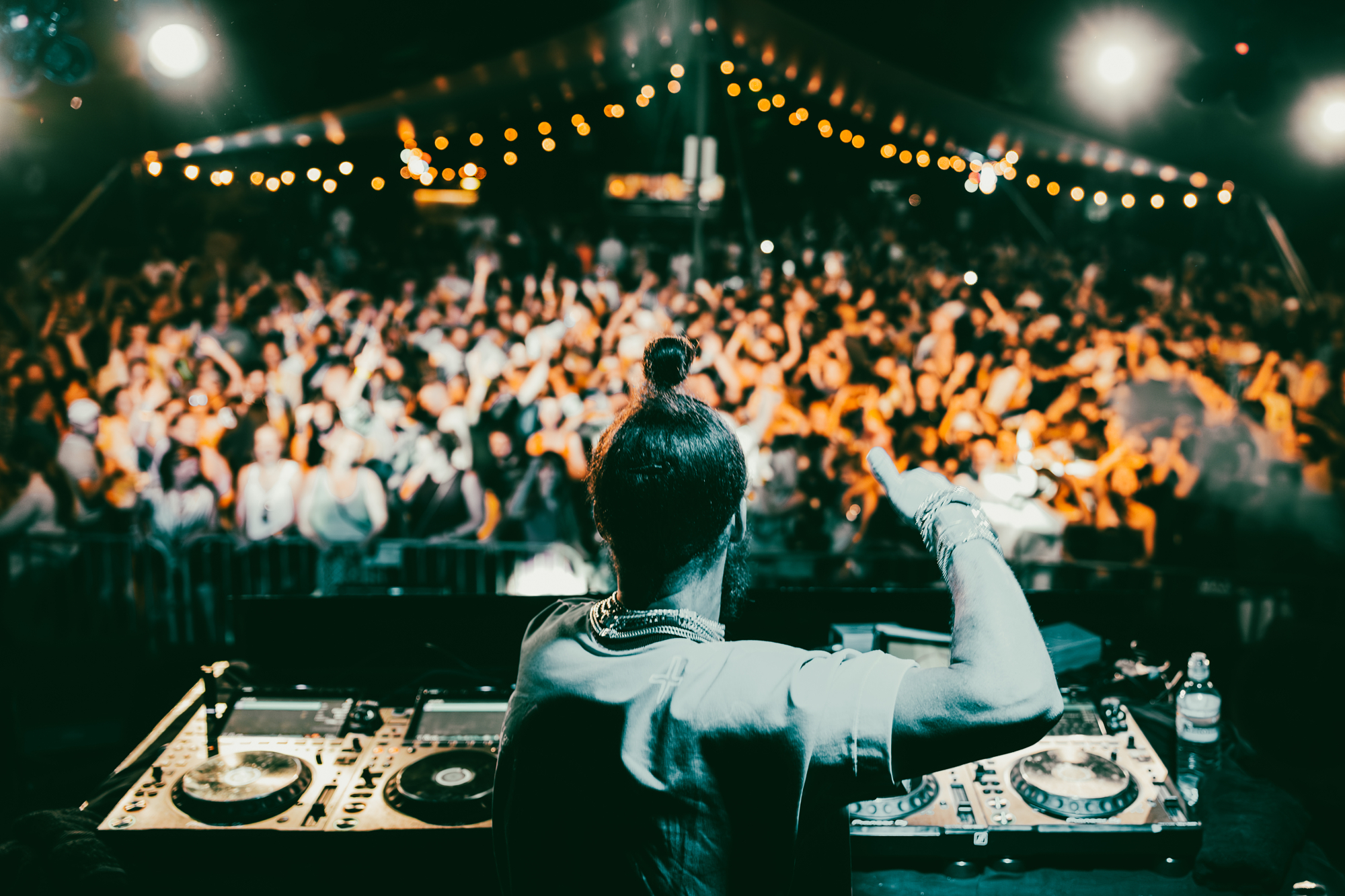 DJ seen from behind with an arm raised to a festival crowd, from the Into Sound series