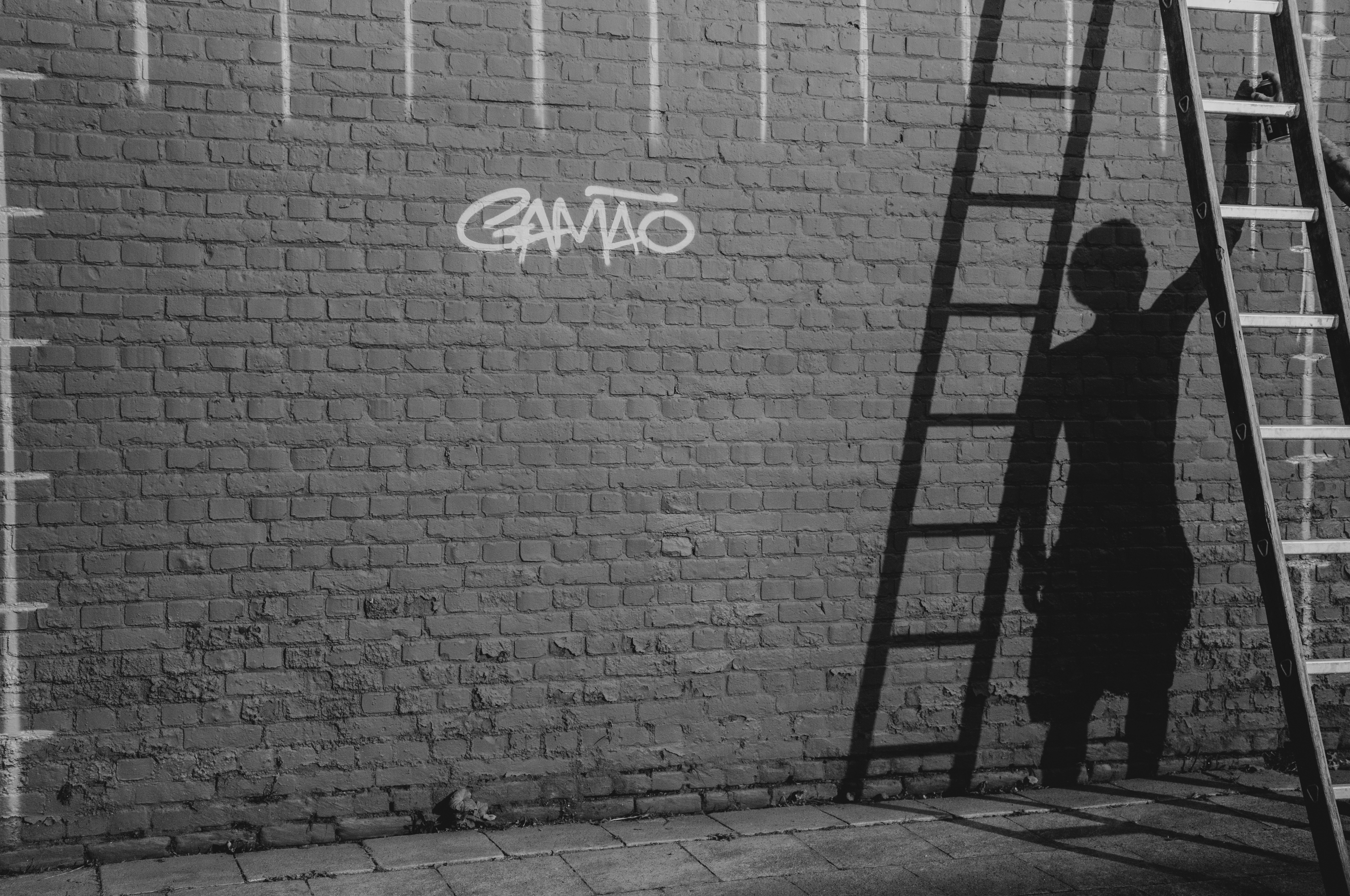 Shadow of a person on a ladder cast across a graffiti-tagged brick wall, from Eline Deckers's street photography.